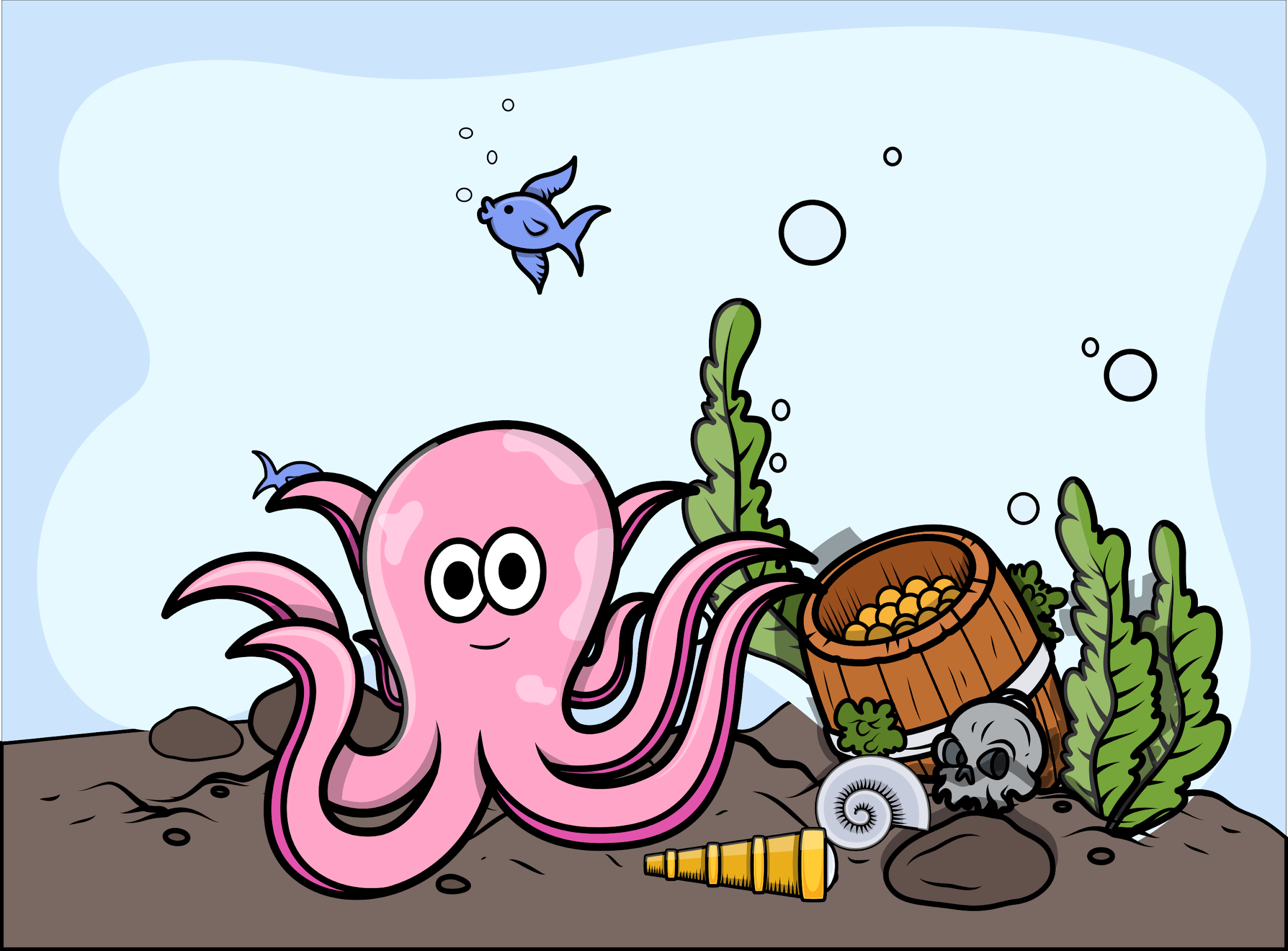 Illustration of pink octopus under the sea. 