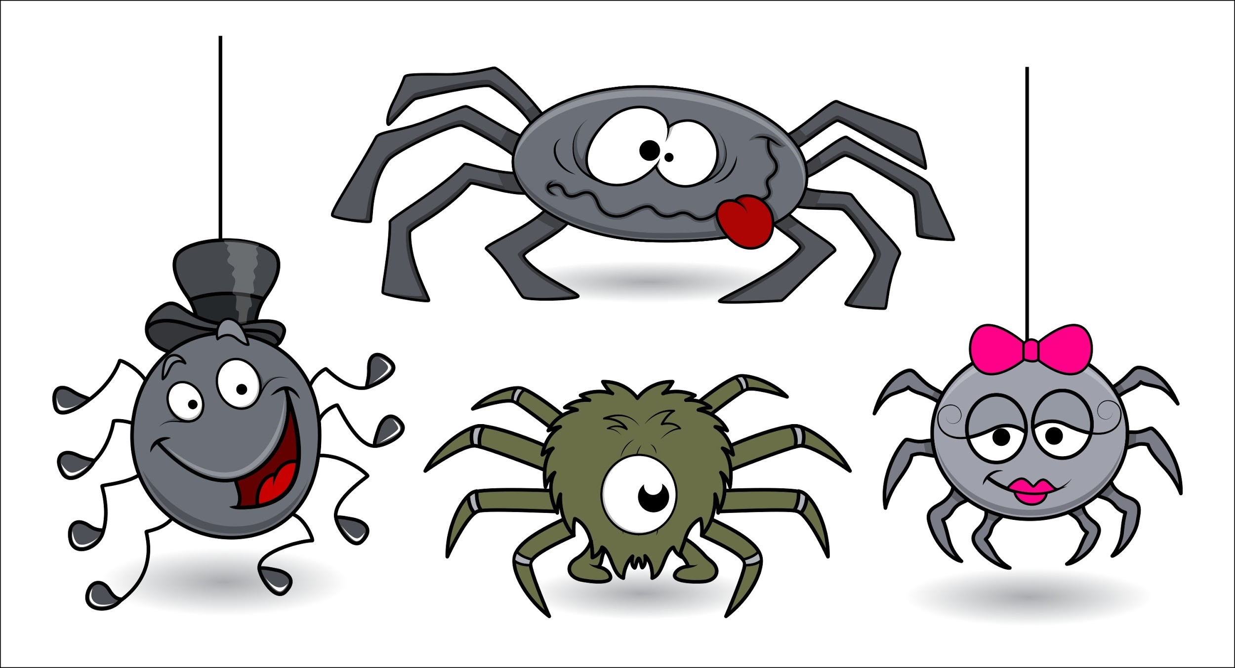 Illustration of spiders with top hat, bow, and funny faces.