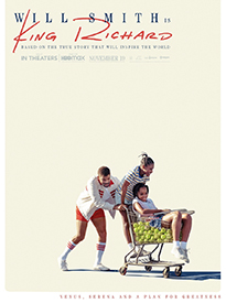 king richard movie poster, with richard pushing venus and serena in a shopping cart