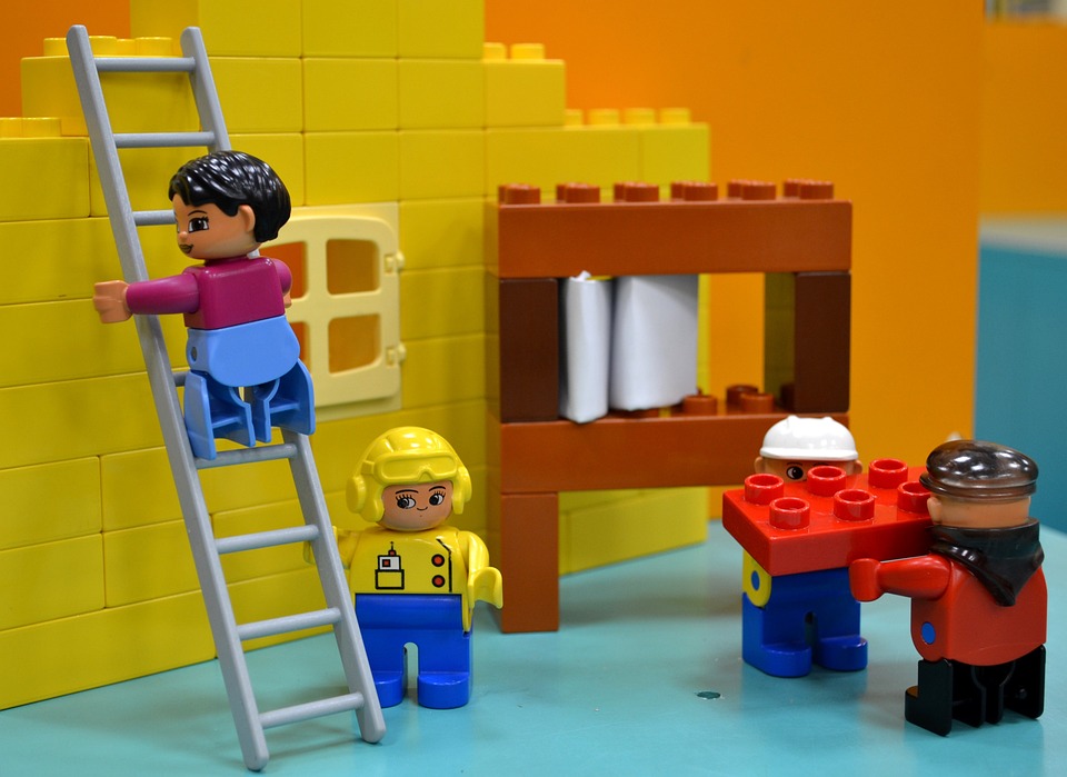 LEGO building blocks set up in a construction scene