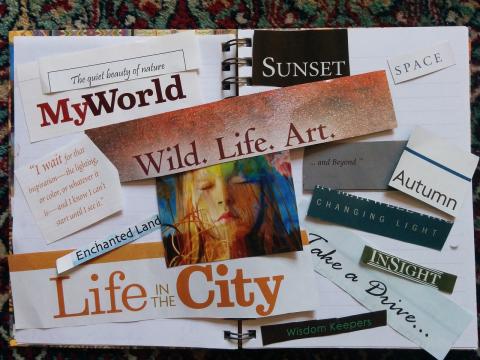 Vision board example featuring inspirational magazine clippings