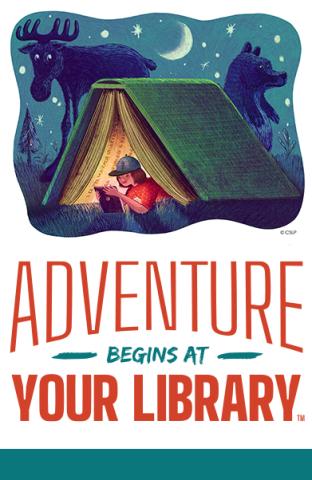 summer reading for teens image with book as a tent, camping at night