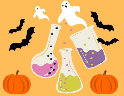 Labratory flasks filled with colorful liquid surrounded by ghosts, bats and pumpkins