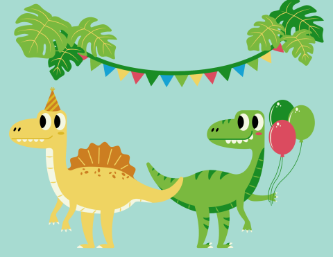 Two dinosaurs in party hats under party banner