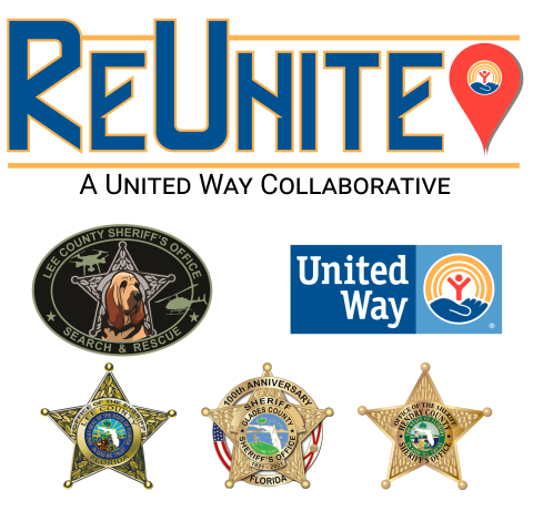 ReUnite Logo featuring partners United Way, Lee, Hendry and Glades County Sheriff's Offices.