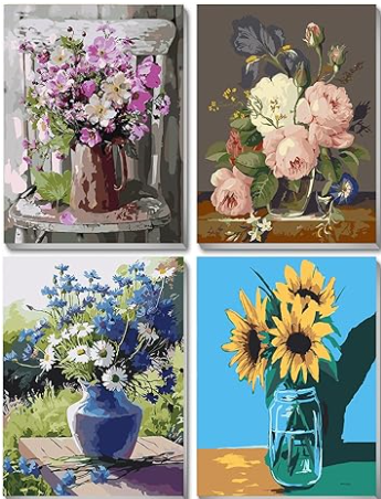 Examples of paint-by-number artwork- four images of flowers in vases- sunflowers and purple and white floral arrangements