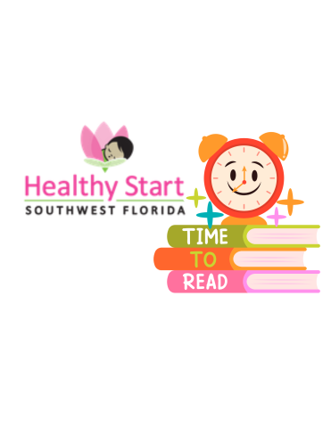 Text reads, "Healthy Start Storytime at the Library" with a stack of books and an orange, round alarm clock with a cartoon-like smiley face.