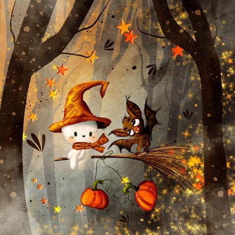 Illustrated forest scene with a bat and a bunny on a broom, pumpkins floating in the air surrounding them