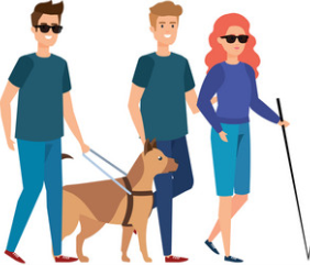 Three adults are walking to the right. On the left it's a man with a guide dog. In the middle is a man with a hand on the woman's back. On the right is a woman wearing sunglasses and holding a white cane.  has a white cane. 