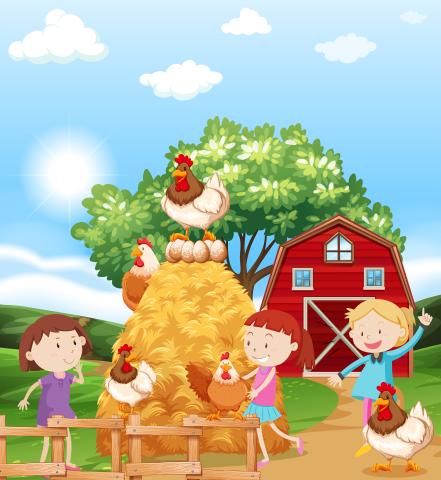Graphic image of children playing with chickens on a farm