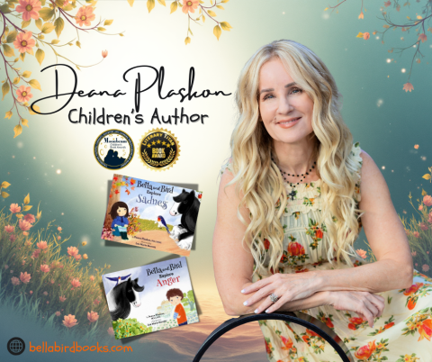 Author Dr. Deana Plaskon pictured with books and Moonbeam Award logo