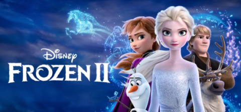 Frozen II poster featuring Anna, Elsa, Kristoff, Olaf and Sven.