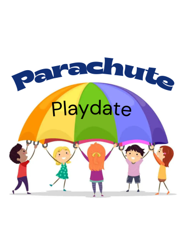 Parachute Playdate- group of children holding a colorful parachute in the air