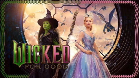 Wicked: For Good poster featuring Elphaba and Glinda with a shattered glass window behind them and flying monkeys in the background.