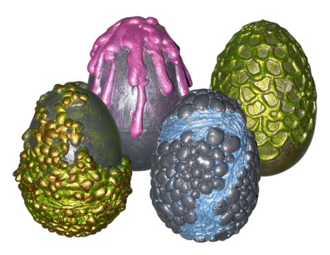 Four colorfully decorated eggs.  