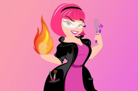 pink haired woman with fire in one hand and cooking utensils in the other