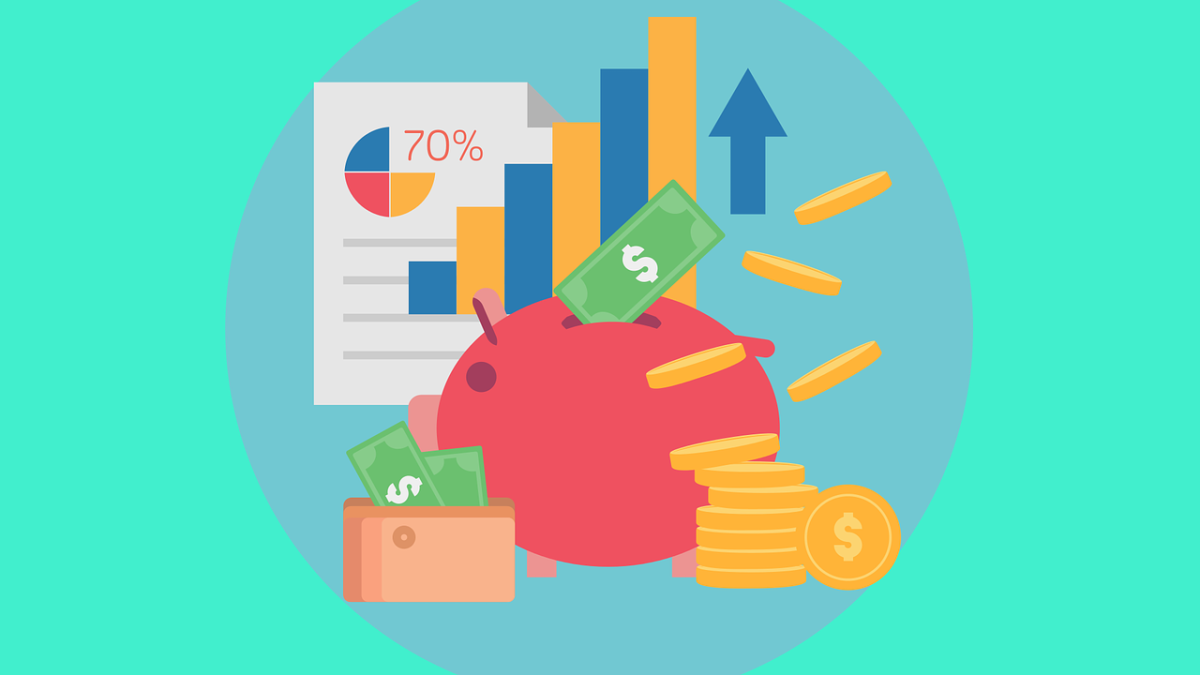 piggy bank, money, and charts