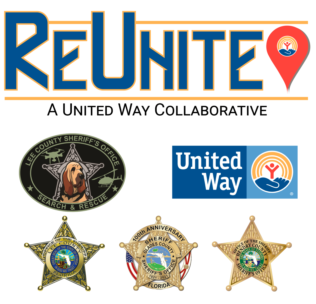 ReUnite Logo featuring partners United Way, Lee, Hendry and Glades County Sheriff's Offices.