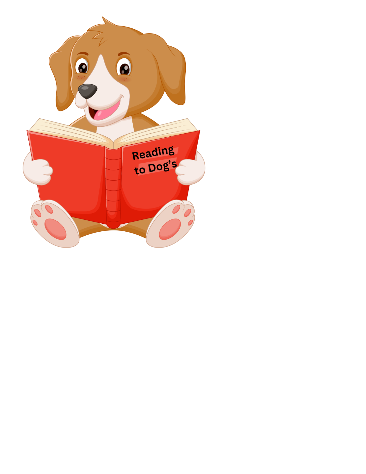 Reading to Dogs is Fun! Beagle puppy smiling and holding a red book