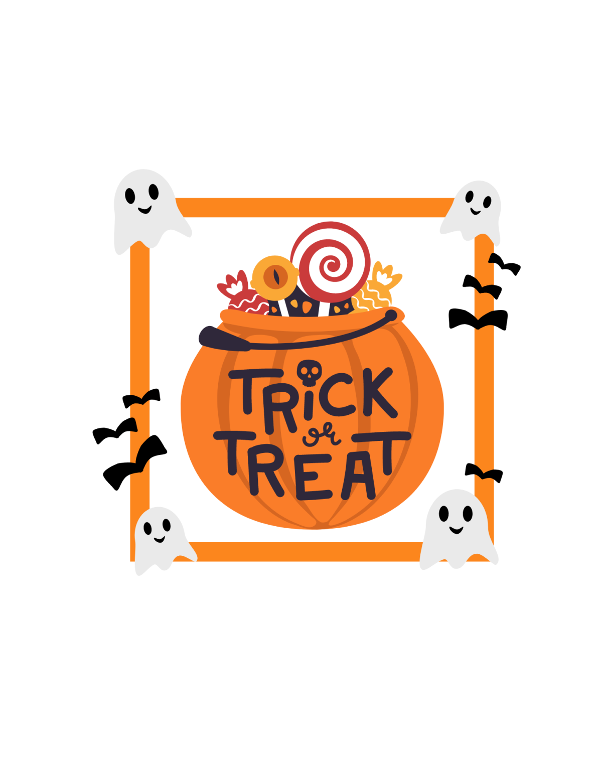 Orange pumpkin filled with various candies reading "trick or treat" 